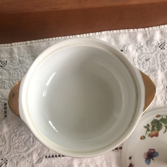 Vintage covered casserole dish with strawberry vine, butterfly and ladybugs. - Picture 5 of 8